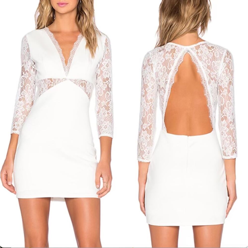 NWT NBD x Revolve White Lace Long Sleeve Open Back Mini Dress, Size Large